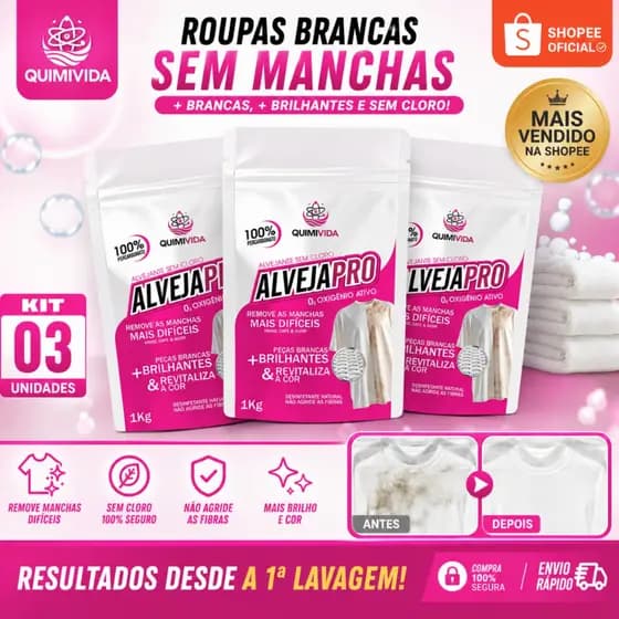 kit 3 Percarbonato de Sódio Alvejante Sem Cloro em Pó Tira Manchas Clareador Roupas Branca Coloridas