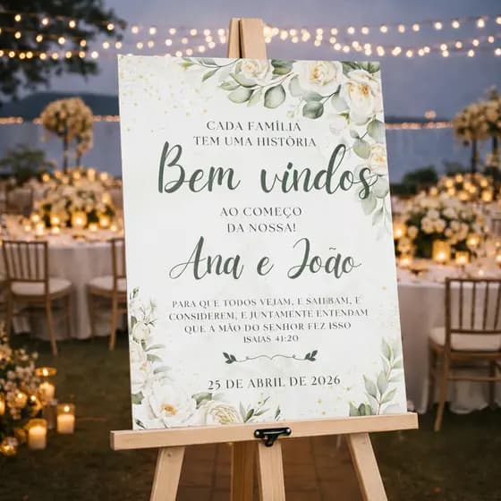Placa Quadro Bem Vindo ao Nosso Casamento Branco e Verde Mdf