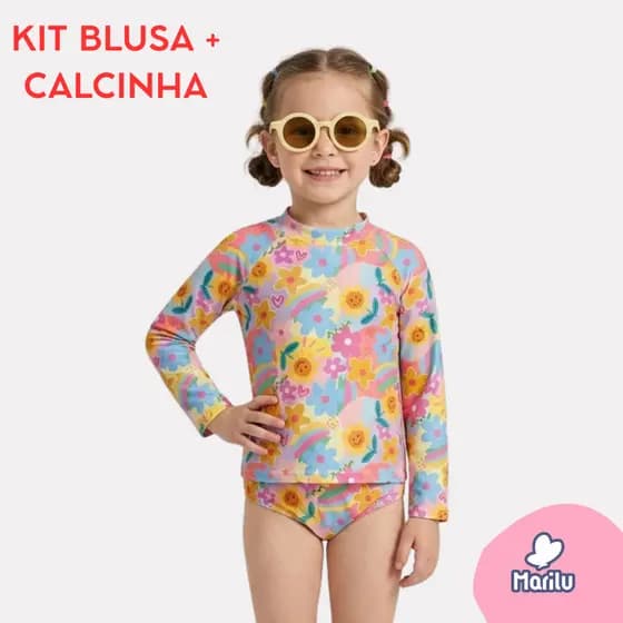 Conjunto de banho praia infantil feminino menina proteção uv camisa e calcinha piscina natação solar estampado