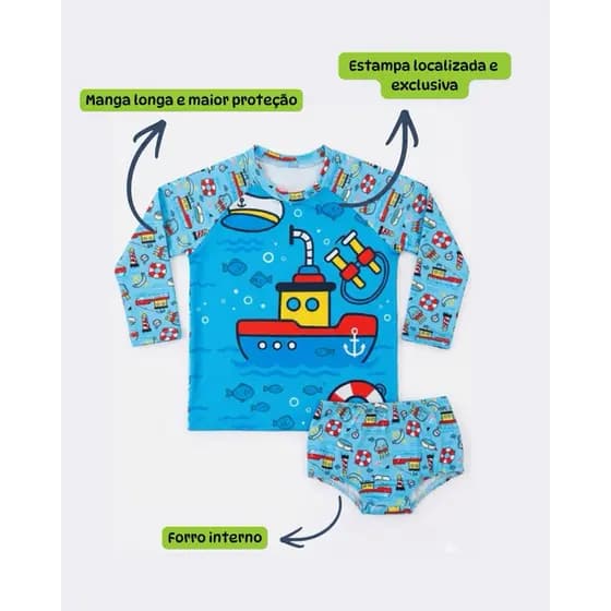 Conjunto Praia / Piscina Infantil Menino Proteção UV Manga Longa + Sunga Roupa de Banho Infantil