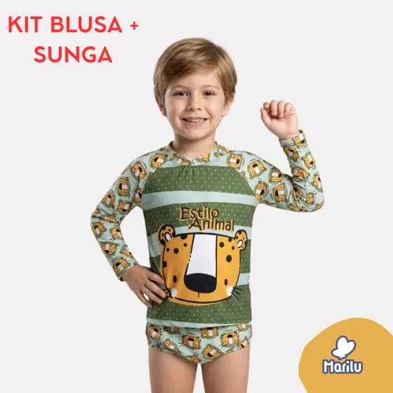 Conjunto de banho praia infantil menino masculino natação proteção uv camisa e sunga piscina solar estampado