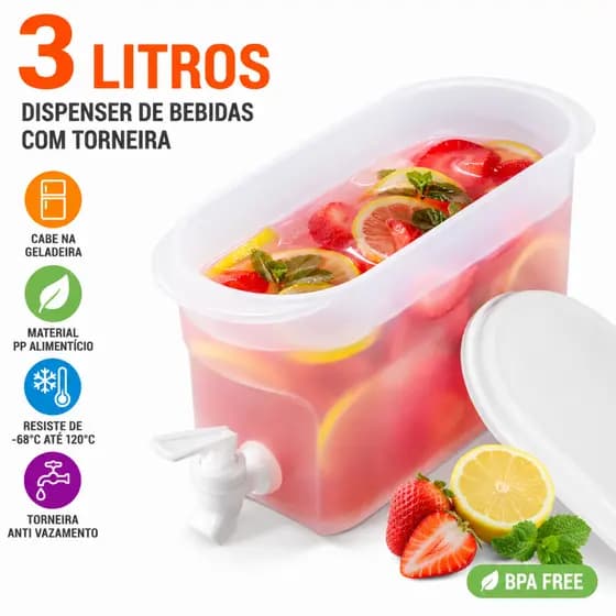 Suqueira Dispenser de Bebidas 3L com Torneira para Geladeira Água Saborizada e Suco