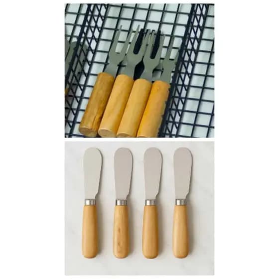 Conjunto 4 Garfos Para Petiscos Ou 4 Espátulas Para Patê Com Cabo de Bambu Aperitivos Cozinha