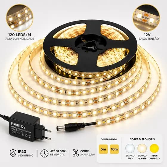Fita LED 12V Sem Fonte Luminosidade 120 LEDs/m 5m ou 10m IP20