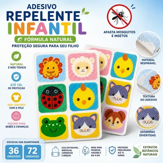 Kit Adesivo Repelente Infantil Natural Proteção Até 12h 36 72 144 Unidades