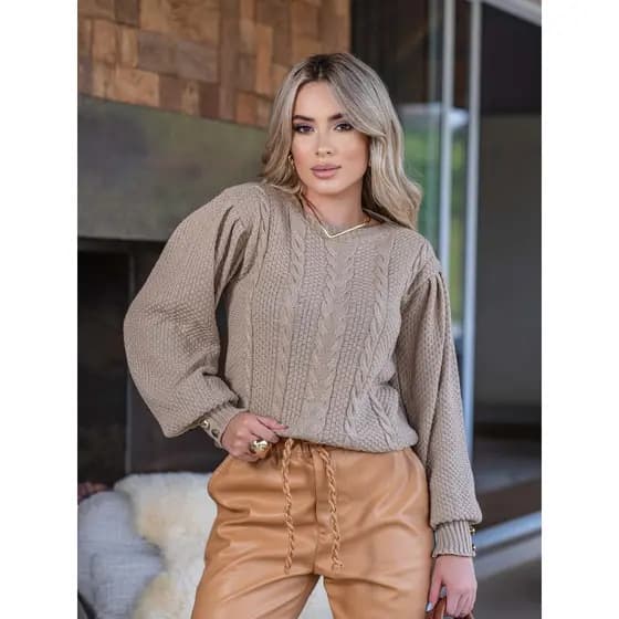Blusa Tricô Feminina Manga Bufante com Botões Inverno Frio Tranças | Use&use Tricot