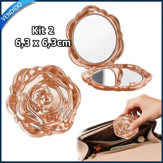 2 Espelho de bolso em forma rosa espelho redondo espelho maquiagem dupla face espelho para presente festa Rosa Dourado