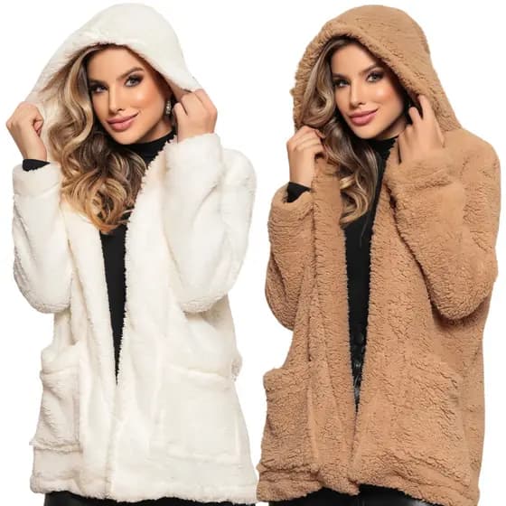 Casaco Feminino Longo Com Capuz Pelinho Teddy