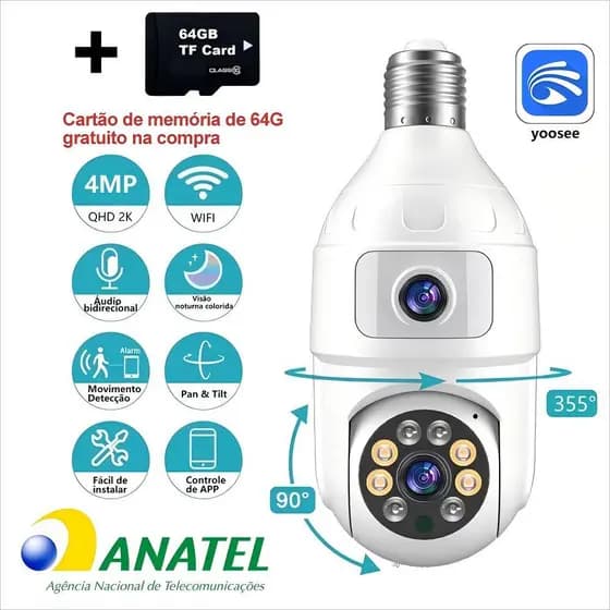 Câmera de Segurança WiFi Dupla Lente 360° Yoosee 4MP - Visão Noturna, Áudio Bidirecional, IP44,entrega de correios