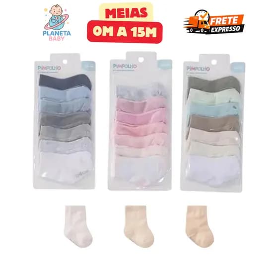 Kit 7 Meias Bebe Pimpolho Liso Neutro Menino Menina Branco Rosa Azul Meia Infantil Recem Nascido