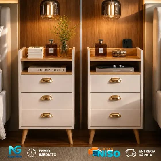 Mesa de Cabeceira Luxo Concha porta celular Monet 04 Gavetas Pés Palito Quarto Organizador Opcao 03 gavetas - LANÇAMENTO
