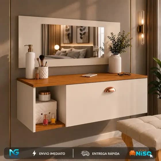Penteadeira Bancada Camarim makeup Suspensa com Espelho, 0,90 e 1.20 Gaveta com Divisória e Nichos Make Up Body Splash