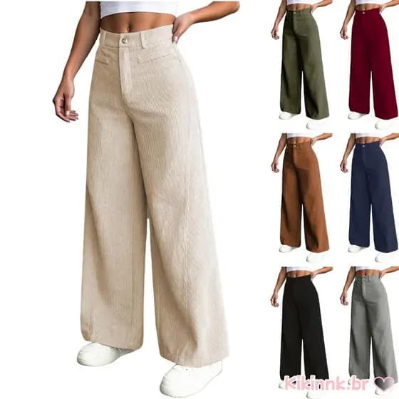 Calças Femininas Veludo Cotelê Bolsos, Cintura, Pernas Largas, Formais Negócios