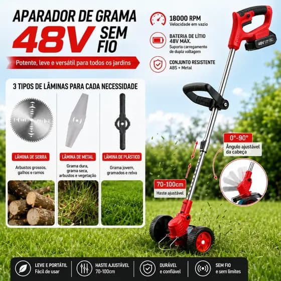 Roçadeira Aparador丨Cortador de grama sem fio doméstico | 48V bateria dupla | conjunto com três lâminas