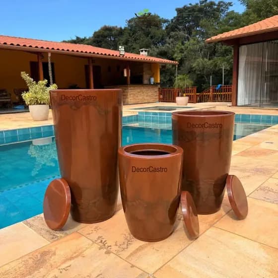 Kit 3 Vasos Grande para Plantas Coluna Polida Lisa Marmorizada P/M/G em Polietileno Decorativo