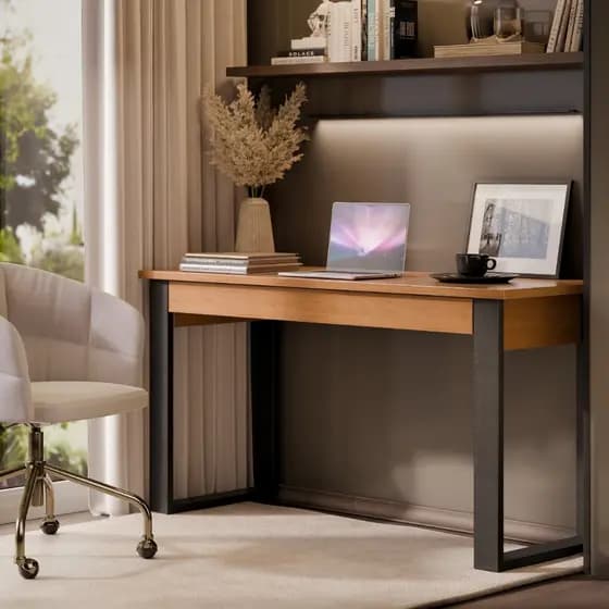 Mesa Escrivaninha Em Madeira Para Escritório Estilo Industrial Com Gaveta Cor Canela Casa Lustre