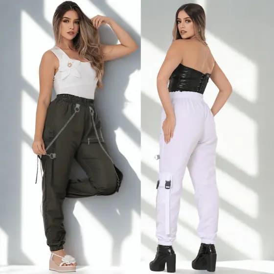 CALÇA CARGO JOGGER FEMININA EM TACEL LEVE FINO P M G CORRENTE E MODA GRINGA ESTILOSA