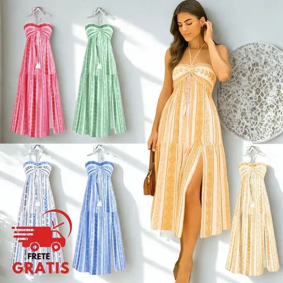 Vestido Estampa Tribal Boho, Crepinho, Fenda, Sem Bojo, Ajuste ao Corpo, Vestido MIDI– Kristal Unique
