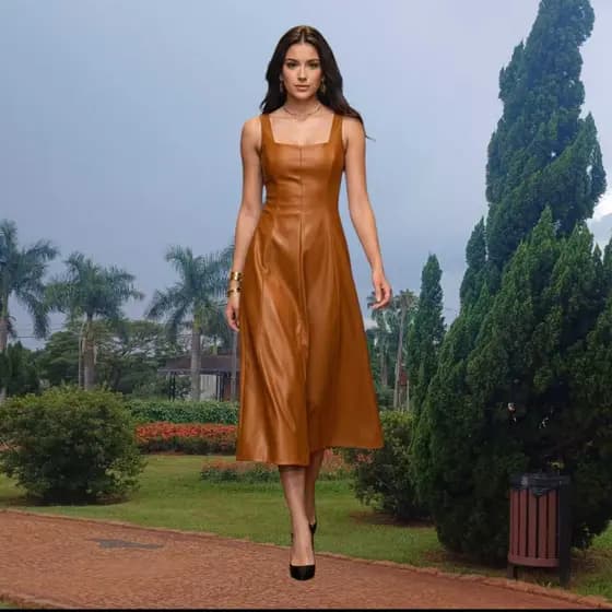 Moda Evangelica tecido de couro vestido feminino Midi
