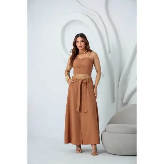 Conjunto Cropped E Saia Em Marrant Sensorial Lançamento Moda