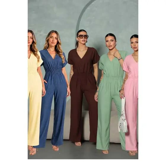 Macacão Feminino Pantalona Tecido Sensorial Decote V Elegante com Bolso