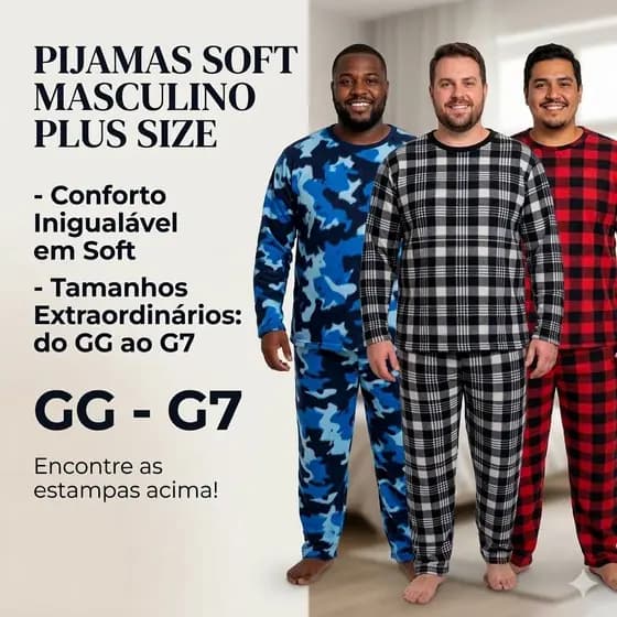 Pijama Plus Size Masculino Soft Quentinho Inverno Liso E Estampado