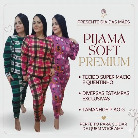 Pijama Adulto feminino Soft Presente DIA DAS MÃES Quentinho Manga Longa