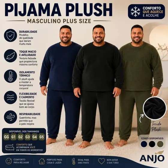 Pijama Plus Size Masculino Plush Adulto Quentinho Inverno Liso