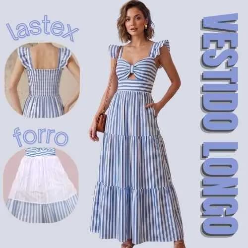 Vestido Feminino Longo Listrado Tecido Duna Soltinho Confortável Elegante Moda Feminina