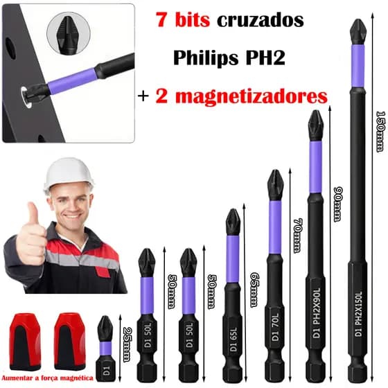 Kit 9 Bits Cruzado Magnéticos PH2 de Impacto Anti Derrapante Encaixe Preciso Anti choque Philips