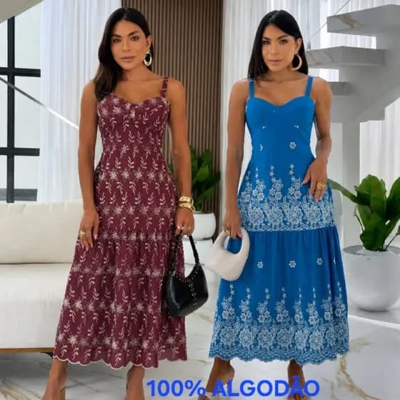Vestido Midi feminino Lese Bordado Algodão laise Longo Evangelico Festas e Casamento