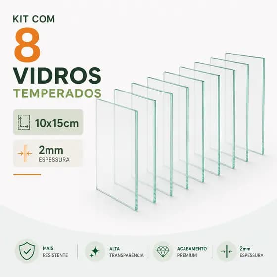Kit 8 Vidros Temperados 10x15cm Transparente 2mm para Porta Retrato Moldura Artesanato e Decoração