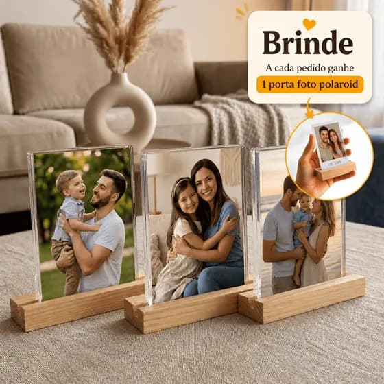 Kit Porta Retrato com foto 10x15 com Vidro Duplo Base em Madeira Pinus para Decoração