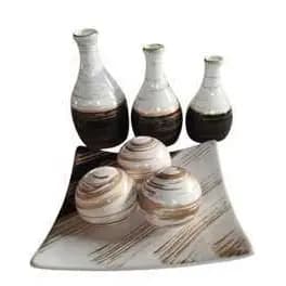 Kit Trio de Vasos em Cerâmica com Bandeja e 3 Bolinhas Decoração para Sala Mesa de Centro