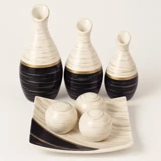 Enfeite Trio de Vasinhos Bandeja com Bolas Decorativas Sala Quarto Escritório