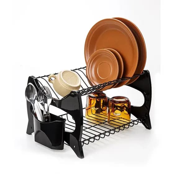 Escorredor De Louça All Black Cozinha Prato Copo Duplo C/ Porta Talheres Luxo