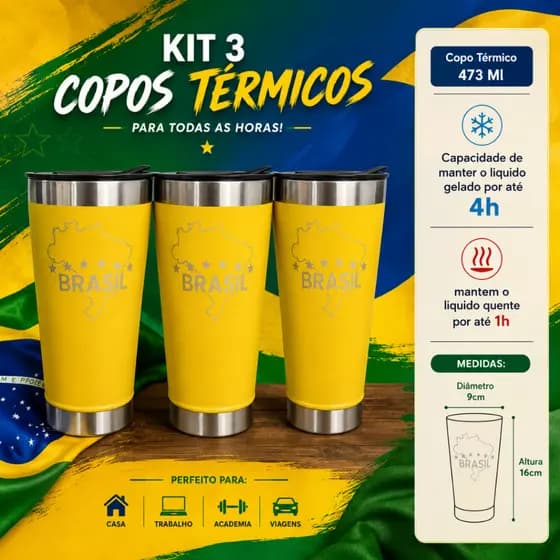 Kit 3 Copos Térmicos Copa do Mundo 473ml. Mantem o Liquido Gelado ou Quente por Mais Tempo.
