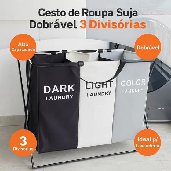 Cesto de Roupa Suja Dobrável 3 Divisórias – Organizador de Lavanderia e Banheiro, Grande Capacidade e Fácil de Guardar
