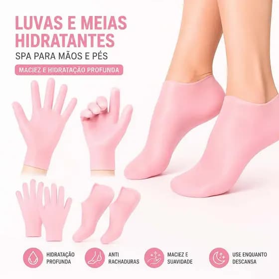 Kit Luvas e Meias Silicone Hidratante para Mãos e Pés Spa Anti Ressecamento e Rachaduras