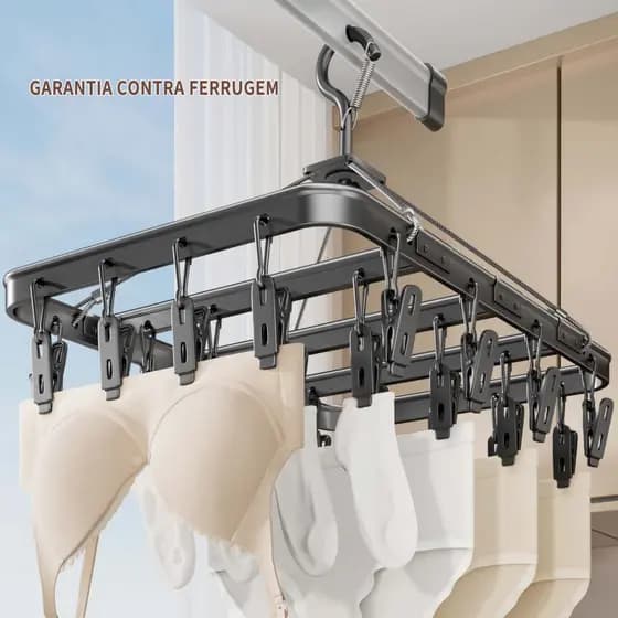 Cabideiro de Alumínio Giratório com 16 Ganchos e Trava Antivento. Ideal para roupas e meias. Durável e resistente