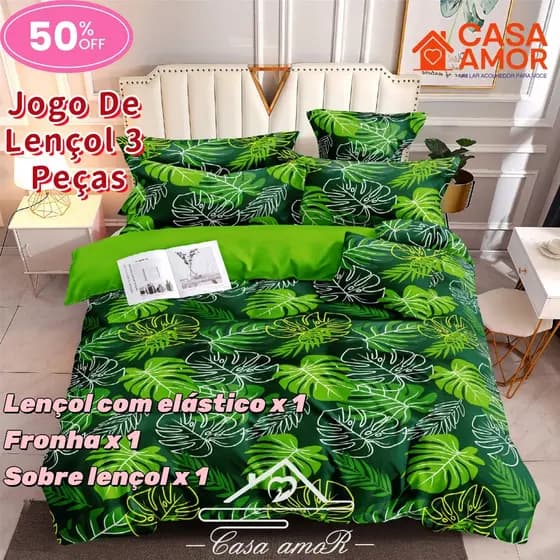 Verde Folhas Jogo De Lençol 3 Peças Solteiro Percal 400 Fios Ponto Palito Estampado