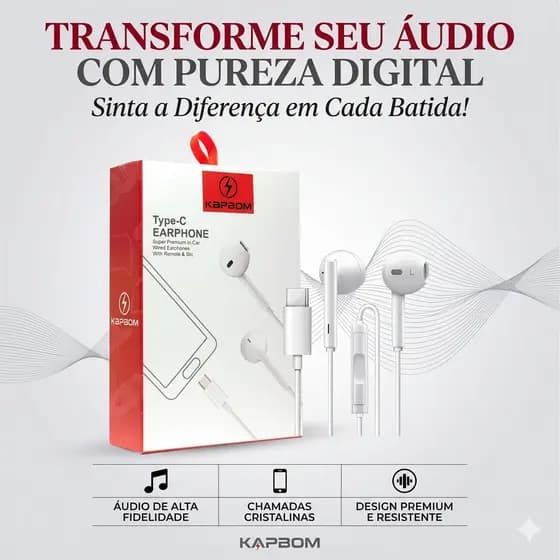 Fone de Ouvido USB-C Kapbom KA-750-TY com Microfone | Som Limpo e Pronto para Uso