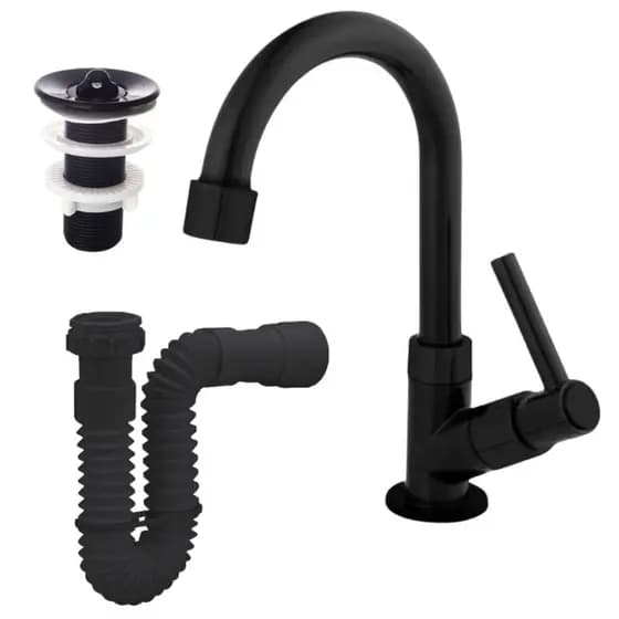 Kit Para Cuba Lavatório Torneira Pia de Banheiro Preta ABS + Valvula 7/8 +Sifão