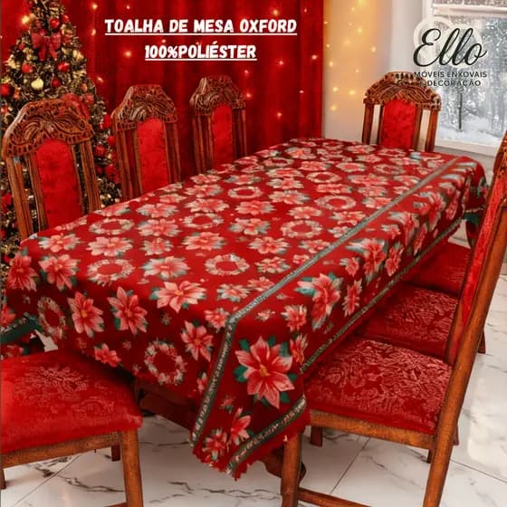 Toalha de Mesa Natalina Oxford 100% Poliéster | Elegante, Durável – 4, 6 ou 8 Lugares