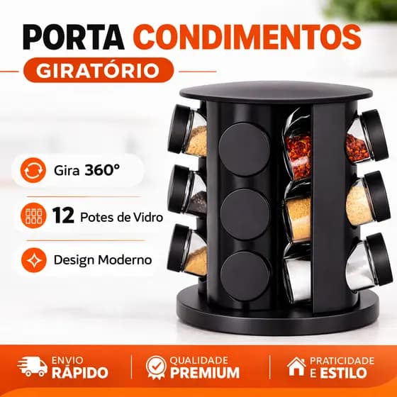 Porta Tempero Condimentos Giratório com 12 Potes de Vidro Preto 360 Graus com Tampa Dosadora