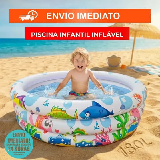 Piscina Inflável Infantil 3 Anéis 180 Litros Fundo Do Mar Para Crianças, Campo, Praia, Piscina