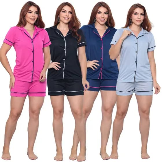 Kit 4 Pijamas Com Botão Baby Doll Americano Bogueirinha Feminino