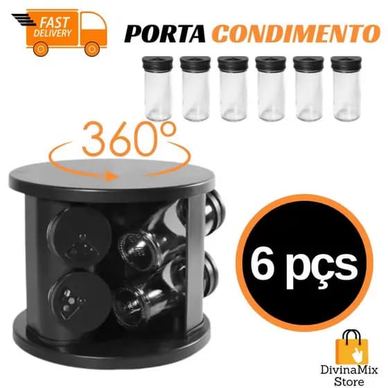 Porta Temperos 6 Potes de Vidro com Base Preta Giratória – Organização e Praticidade para sua Cozinha