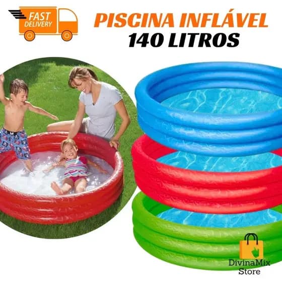 Piscina Inflável 140 Litros Infantil para Brincar e se Refrescar em Casa ou Praia – Cores Aleatórias