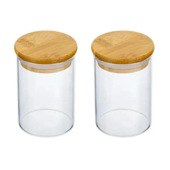 Kit 2 Potes de Vidro Hermético 250 ml com Tampa de Bambu – Vedação Silicone – Borossilicato